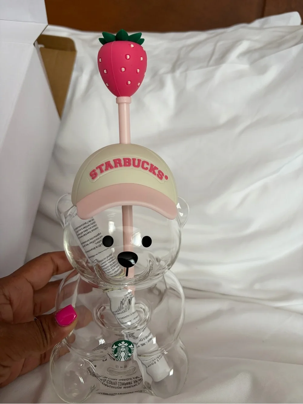 Starbucks Clear Bear Tumbler with Pink Strawberry Topper